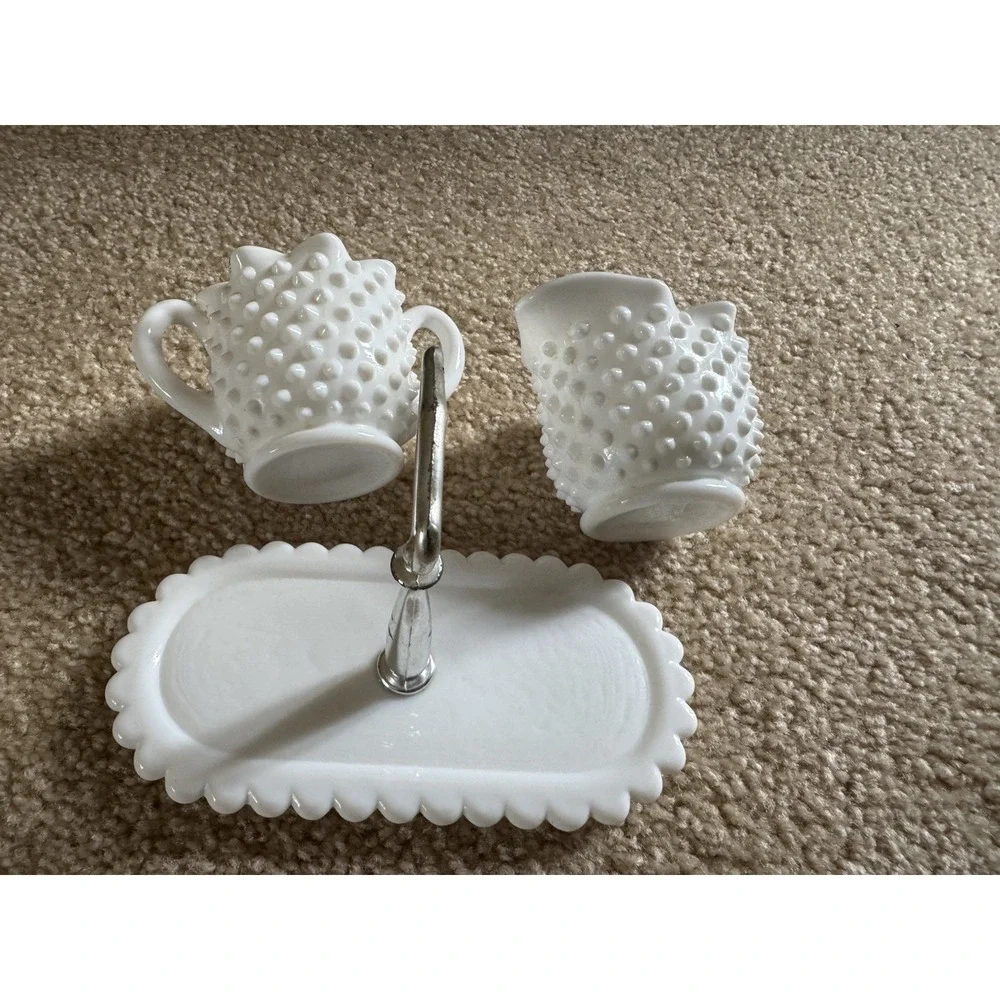 Fenton Hobnail Milk Glass Sugar Bowl and Creamer Set With Tray Vintage